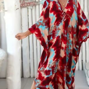 Vibrant Red & Blue Tie-Dye Kaftan Or Swimsuit Coverup. Worn Once, New Condition
